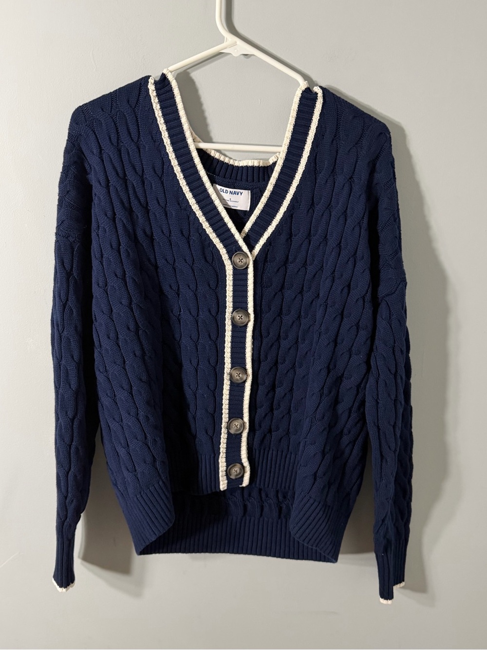 NWT Old Navy Navy Cable-Knit Button Cardigan with Cream Trim